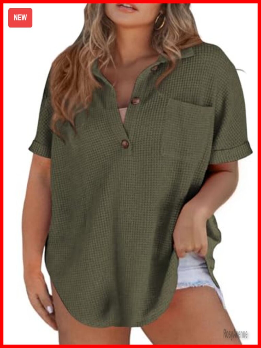 Plus Size Waffle Knit Button Down Tunic Top Short Sleeve V Neck Blouse